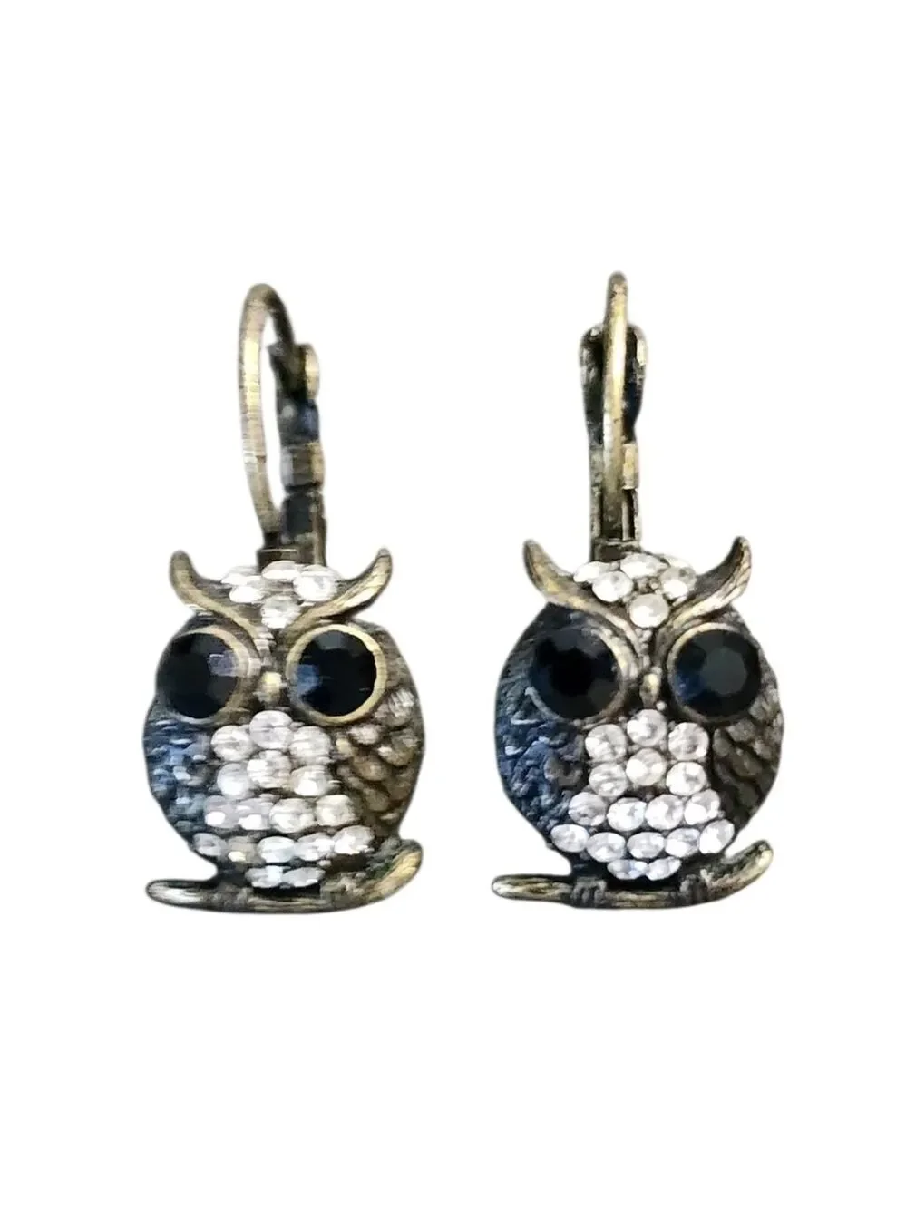 Bronze Tone Black and Clear Crystal Owl Drop Earrings